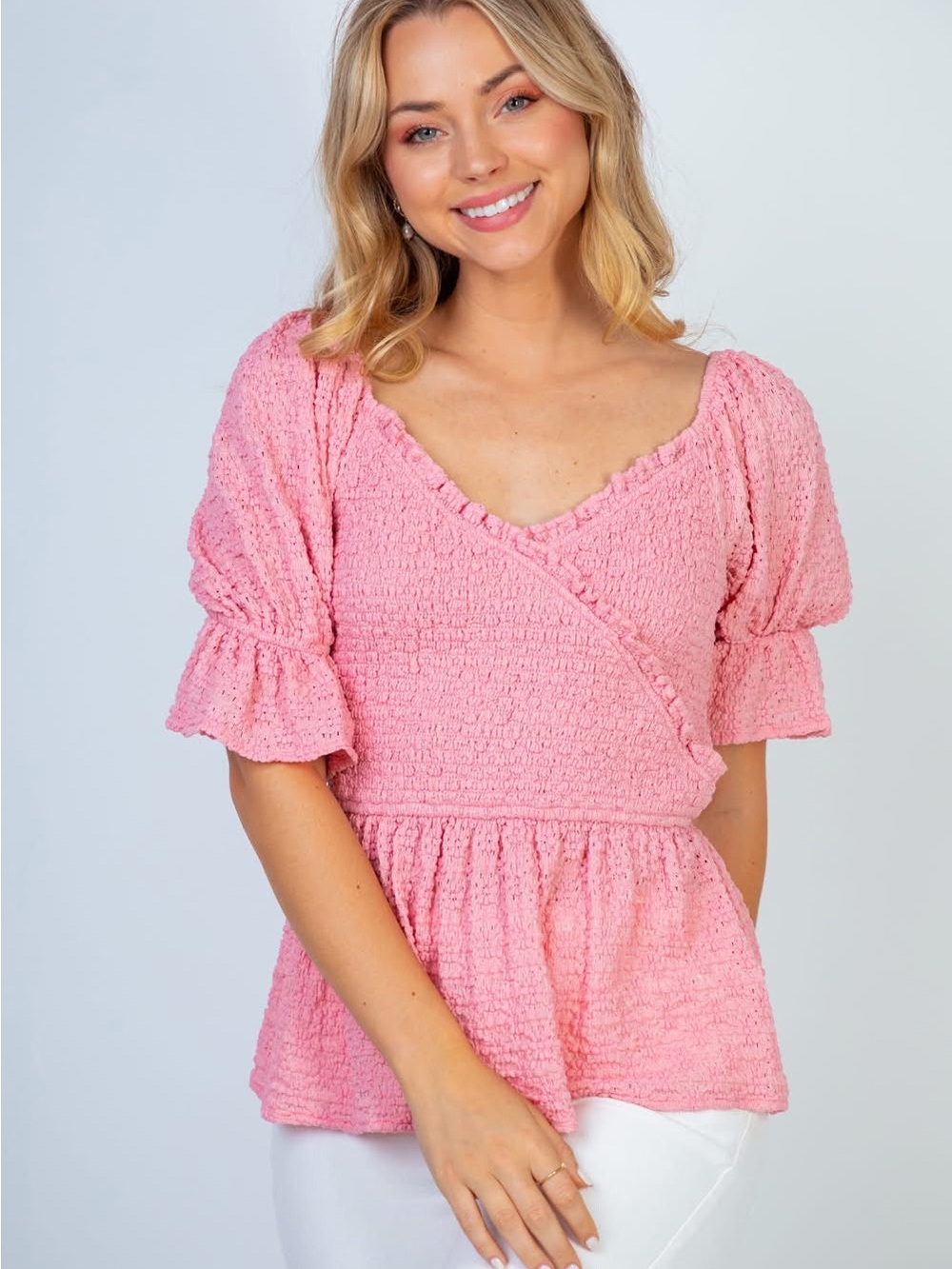 S XL Textured Wrap-Style Pink Peplum Top